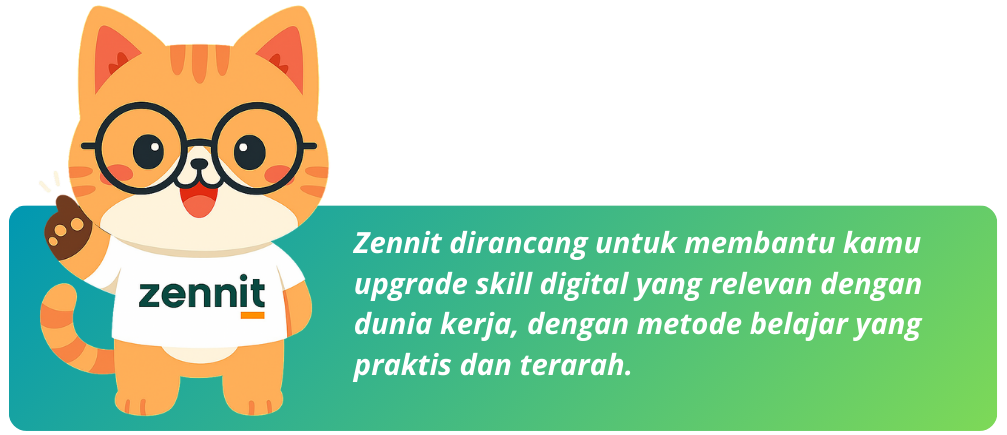 Minzen, maskot Zennit.id: Zennit dirancang untuk membantu kamu upgrade skill digital yang relevan dengan dunia kerja, dengan metode belajar yang praktis dan terarah.