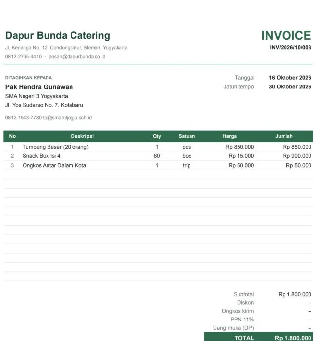 Tampilan template Invoice Otomatis di Google Sheets